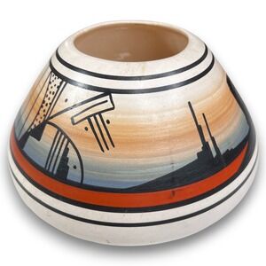 Navajo Pottery Pot Vessel Desert Scene Hand Painted Artist Signed